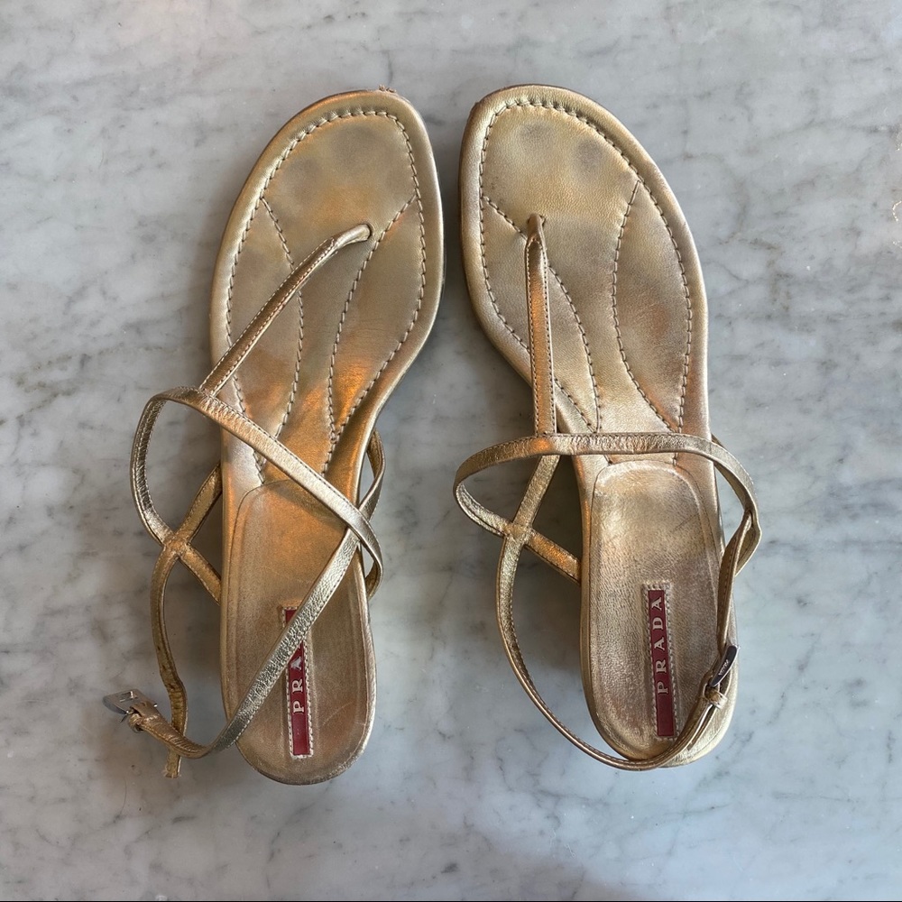 Prada Gold T-Strap Wedge Sandals